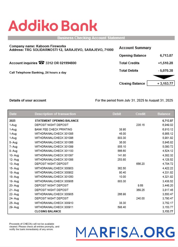 Blank Bosnian Addiko enterprise account statement Word and PDF template